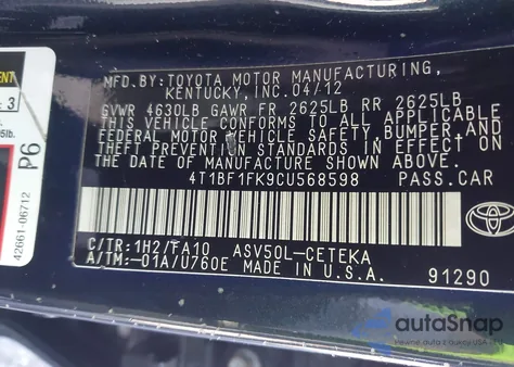 2012 Toyota Camry L from USA, damaged, VIN 4T1BF1FK9CU568598